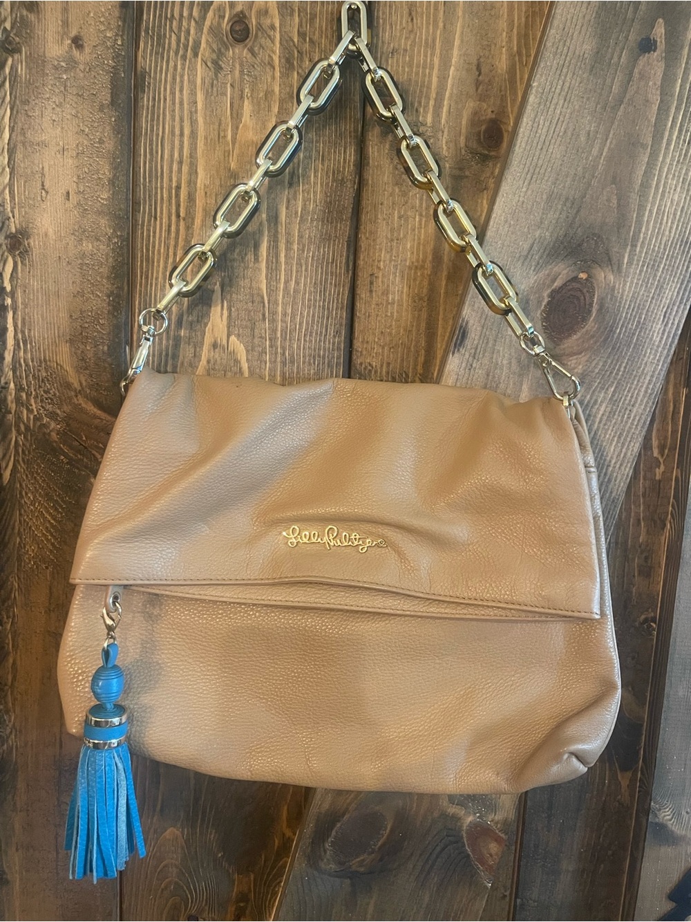 Lilly Pulitzer Tan Shoulder Bag with Blue Tassel and Gold Chain